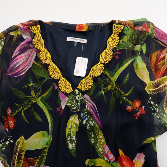 NEW TRINA TURK Navy Silk Floral Print Beaded Caftan Dress size M - Picture 5 of 11
